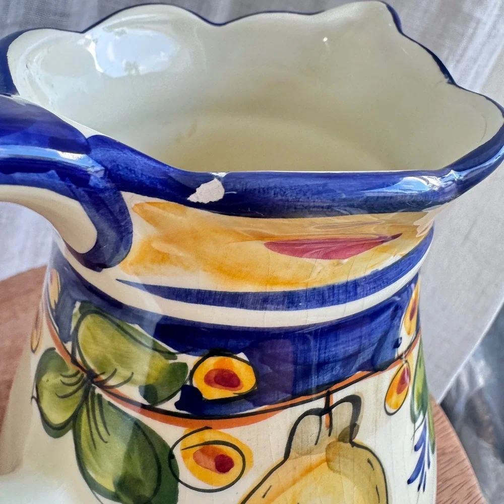 VTG J Wilifred‎ for Sadek Hand Painted Lemon Pitcher Blue Yellow Portugal 7 inch